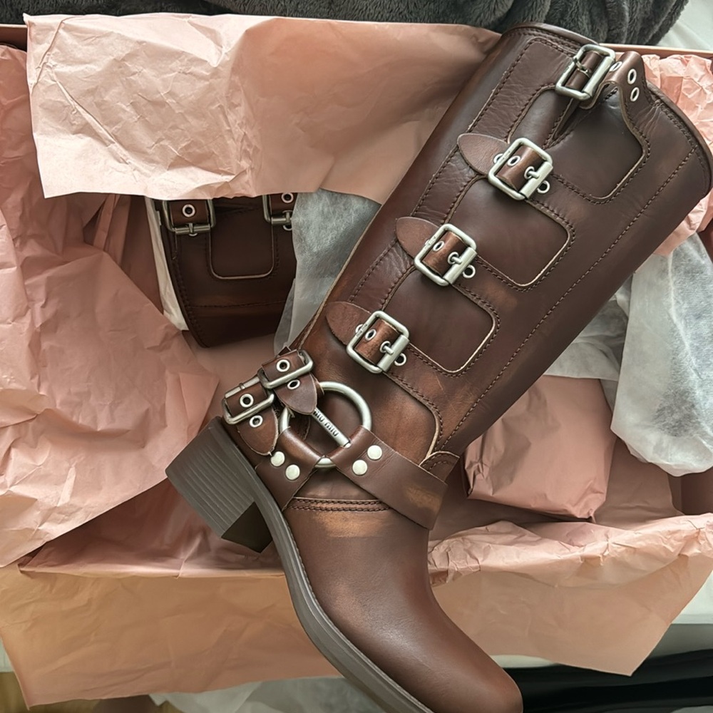 Miu Miu Leather Harness Buckle Biker Boots